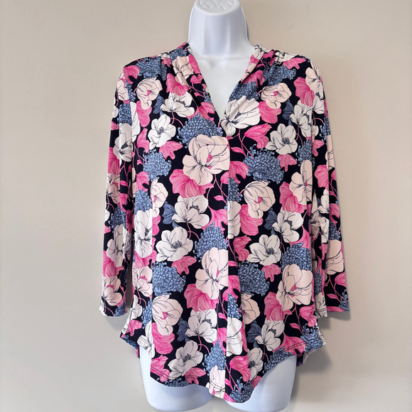 Charter Club Women's XS Pink & Blue Floral Pleated-Neck 3/4-Sleeve Top NWT - Picture 2 of 4